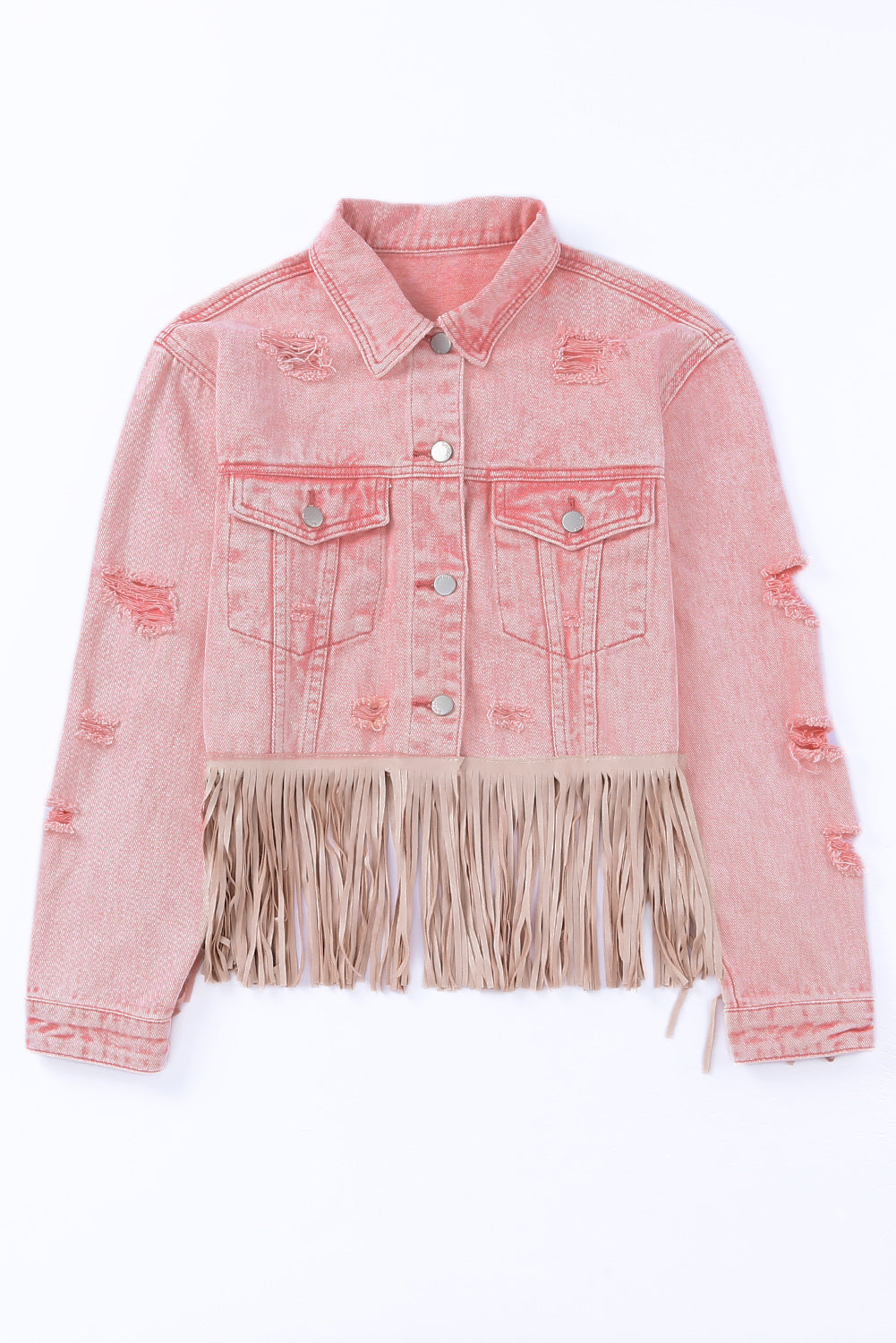 Pink Distressed Ripped Fringe Hem Cropped Denim Jacket