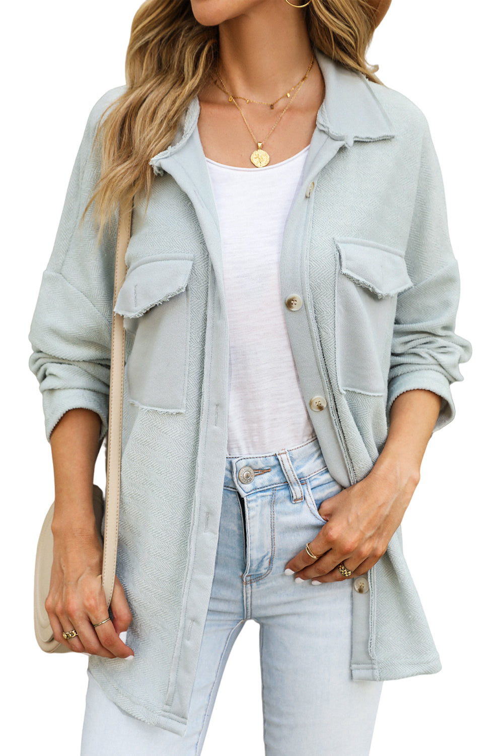 Black Plain Textured Button Up Shirt Shacket with Flap Pockets
