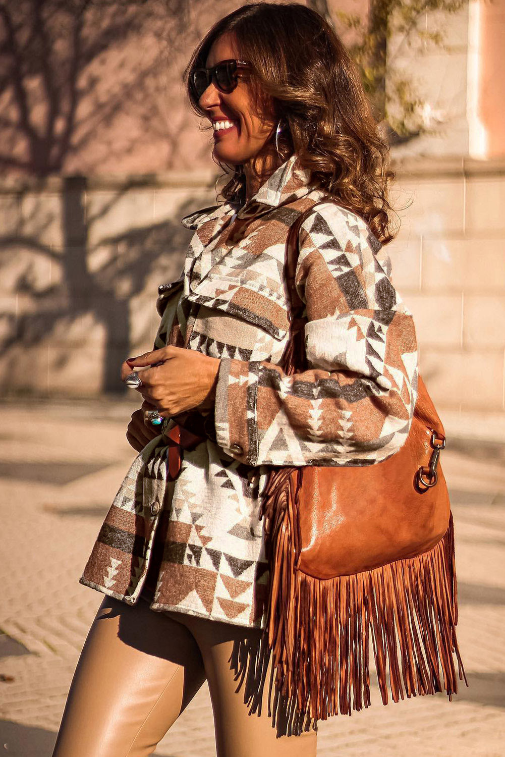 Brown Geometric Print Colorblock Flap Pocket Jacket