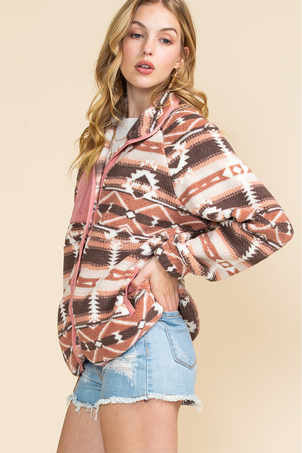 Pink Geometric Colorblock Snap Button Sherpa Jacket