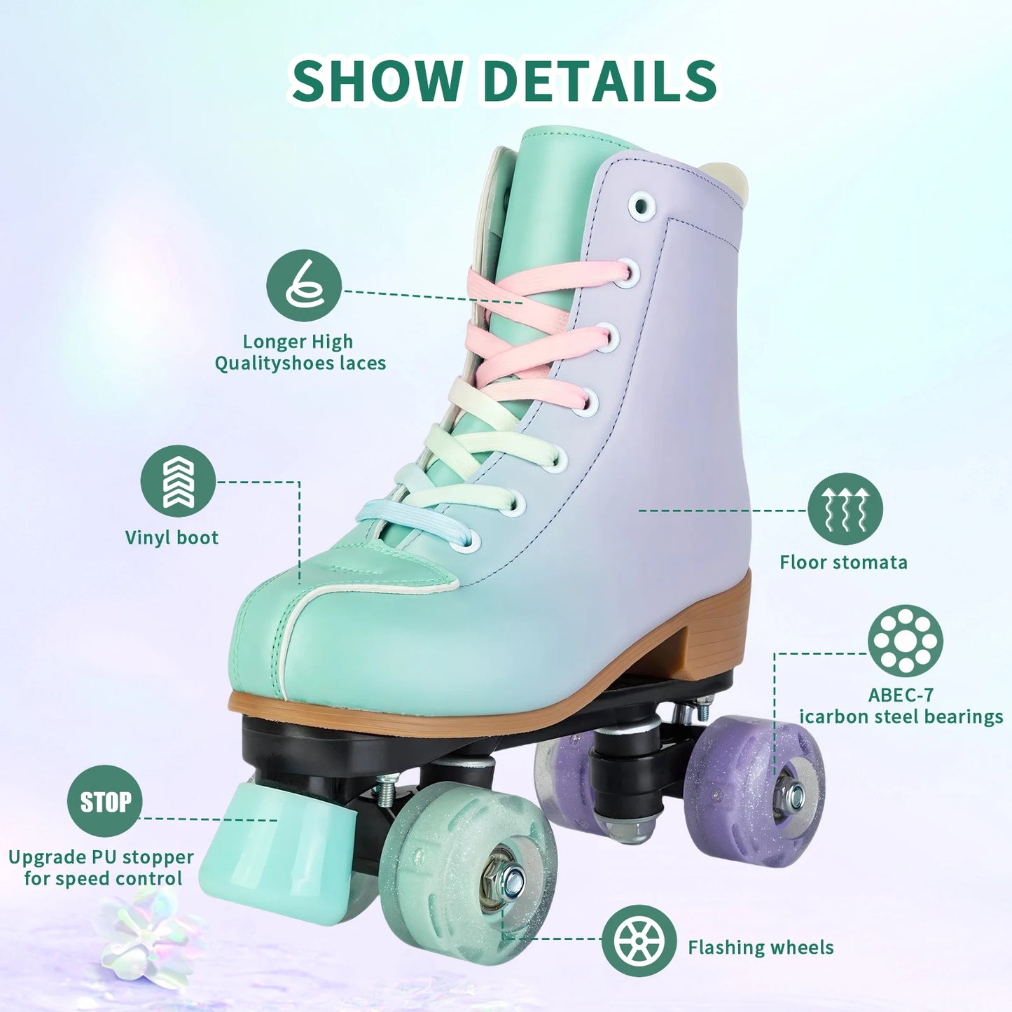Women's Tricolored PU Leather Quad Roller Skates