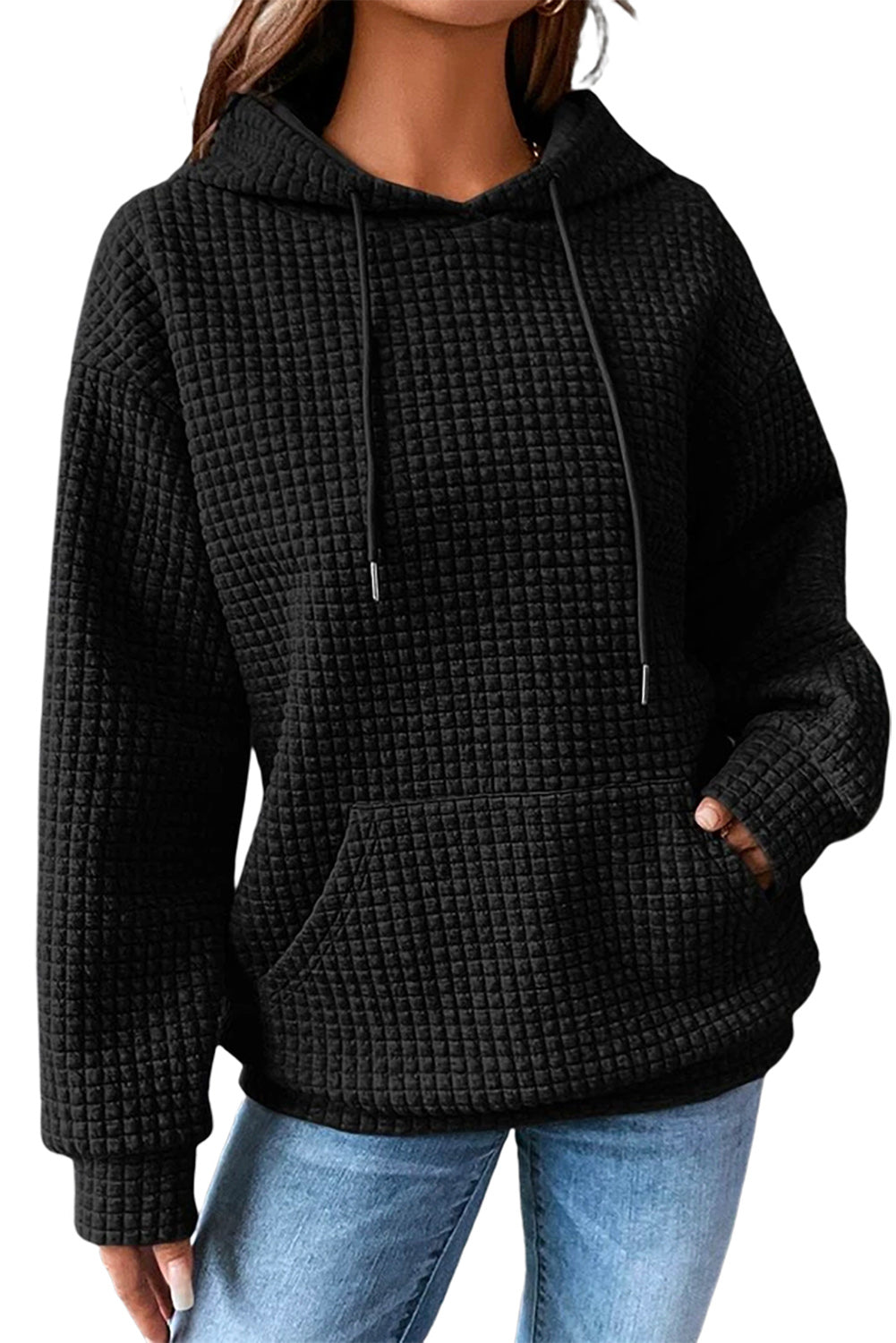 Khaki Lattice Textured Kangaroo Pocket Drawstring Hoodie