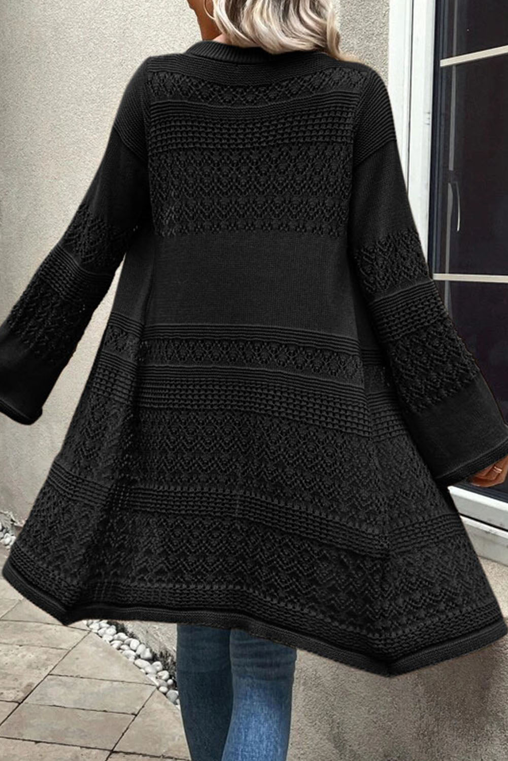Black Pointelle Knit Open Front Long Cardigan