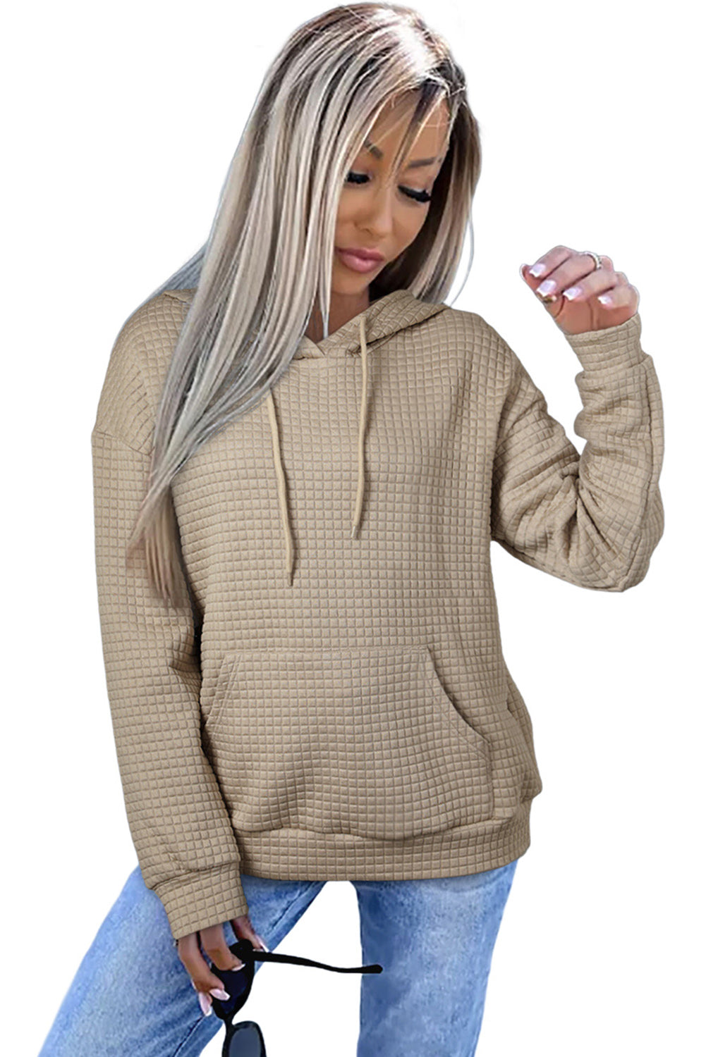 Khaki Lattice Textured Kangaroo Pocket Drawstring Hoodie