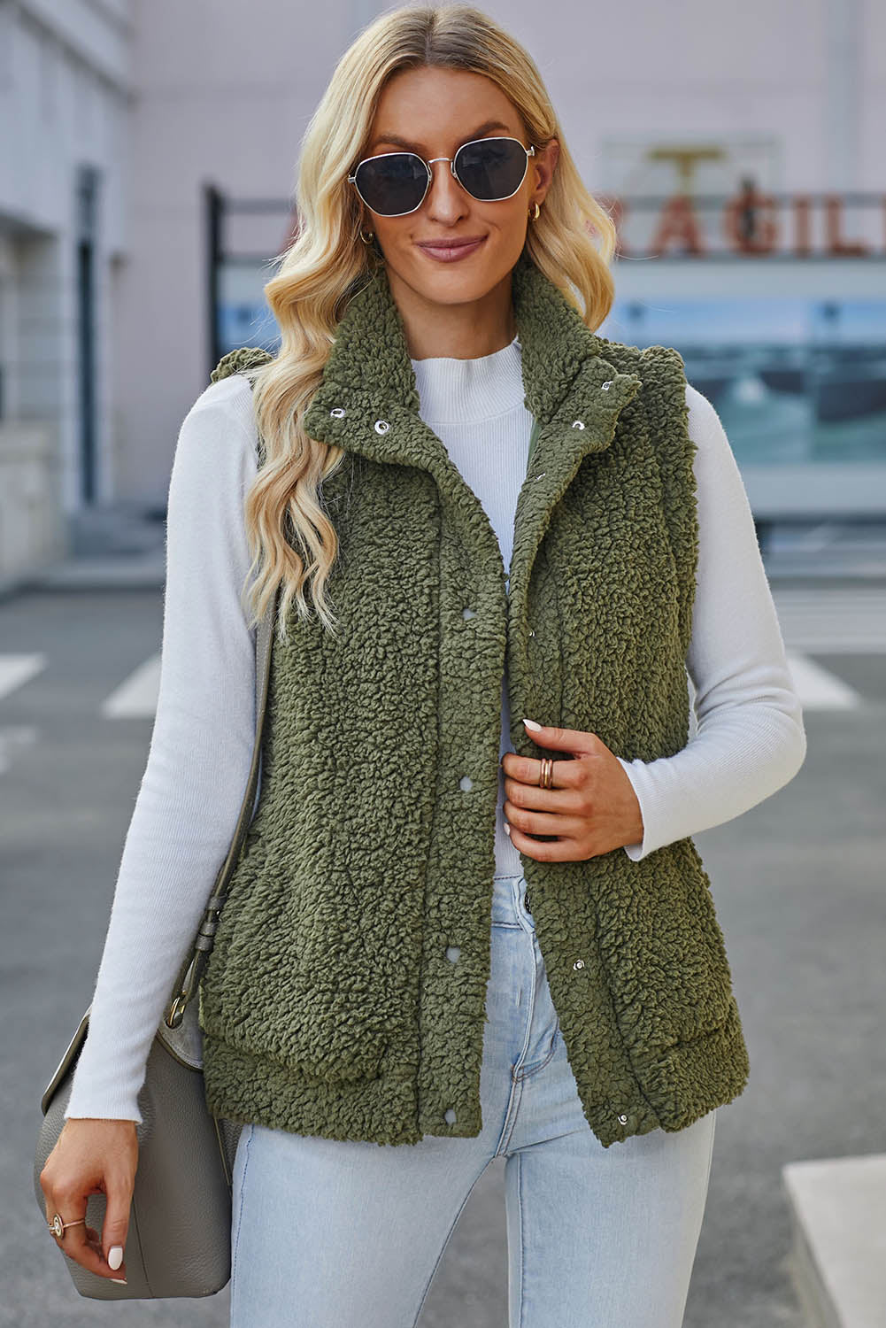 Green Snap Button Collared Stand Neck Sherpa Vest