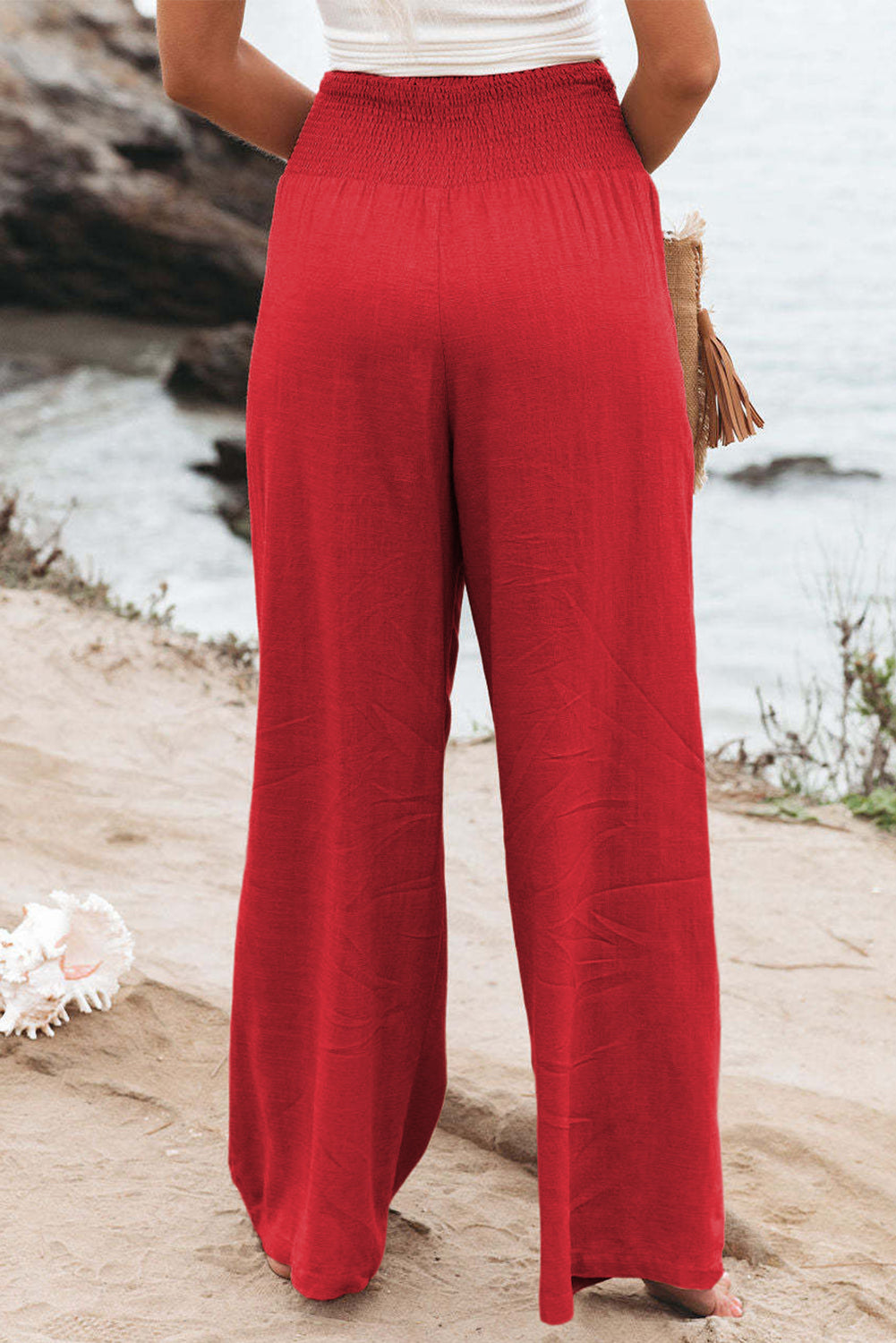 Brown Smocked Wide Waistband High Waist Wide Leg Pants