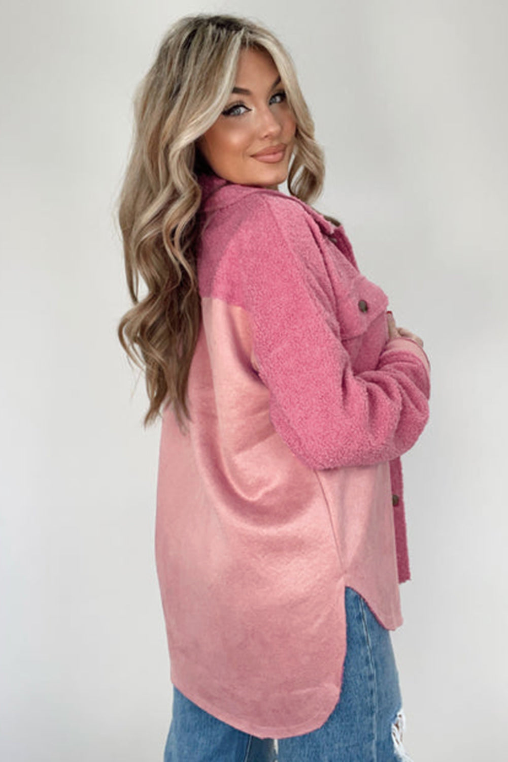 Pink Colorblock Buttoned Flap Pocket Sherpa Jacket