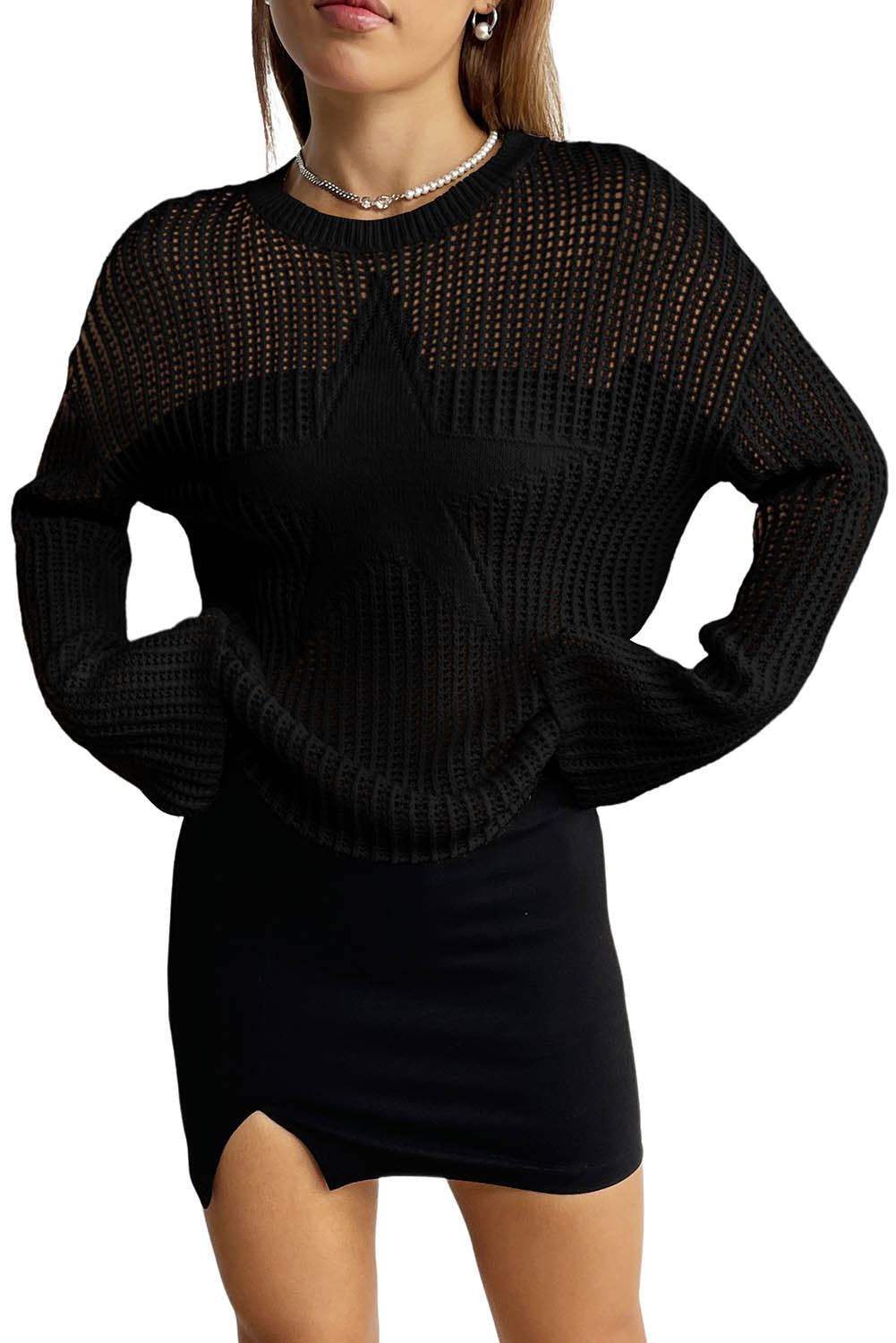 Black Star Pattern Lightweight Hollow Knit Sweater