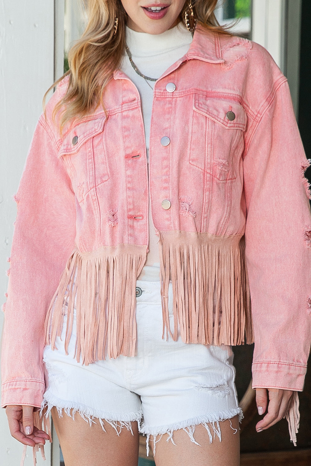 Pink Distressed Ripped Fringe Hem Cropped Denim Jacket