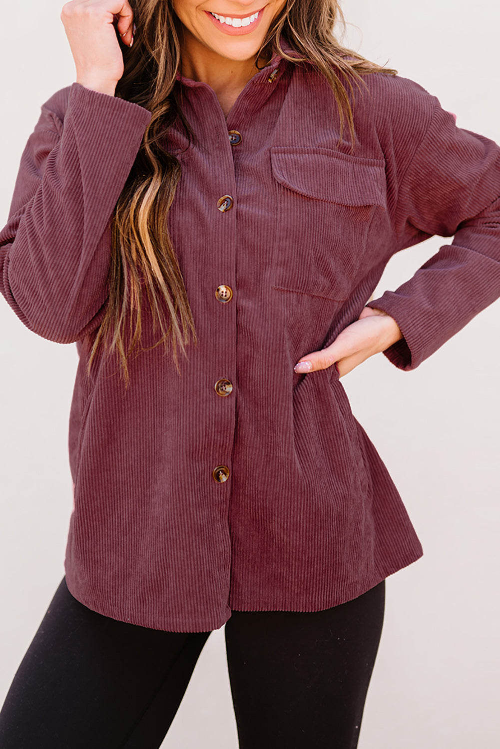 Pocketed Button Ribbed Textured Shacket