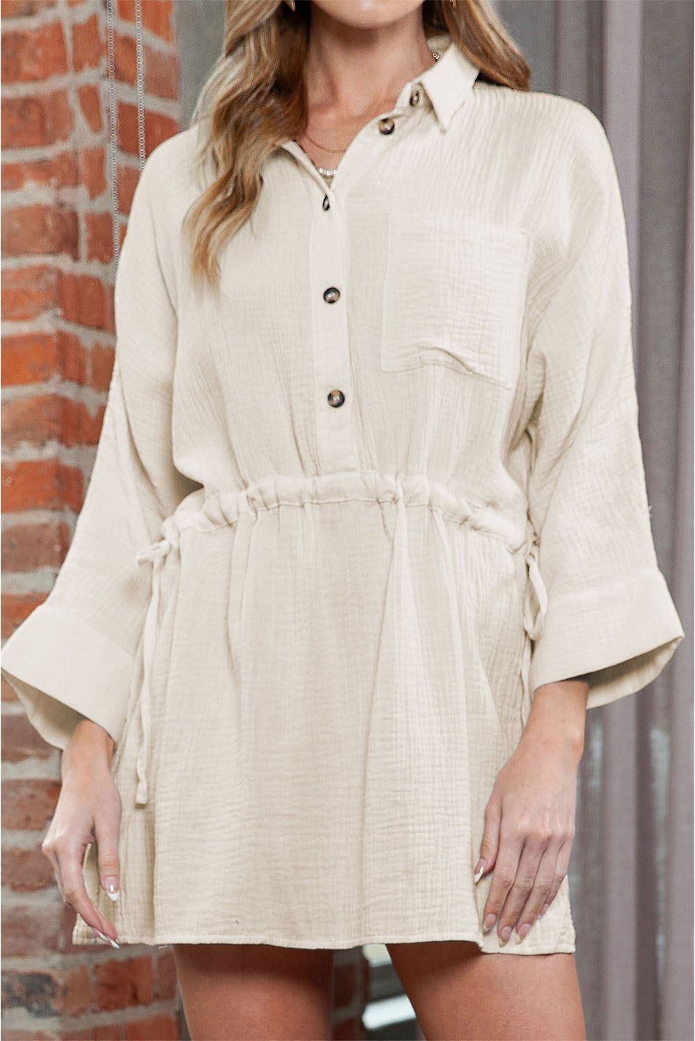 Beige Cotton Solid Color Buttoned Closure Long Sleeve Casual Dress