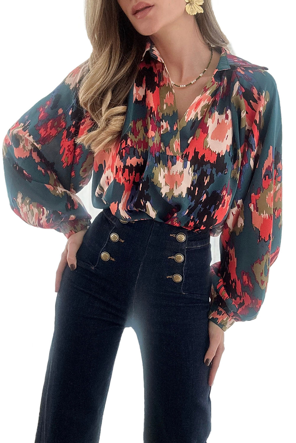 Green Graffiti Colorblock Casual V Neck Puff Sleeve Blouse