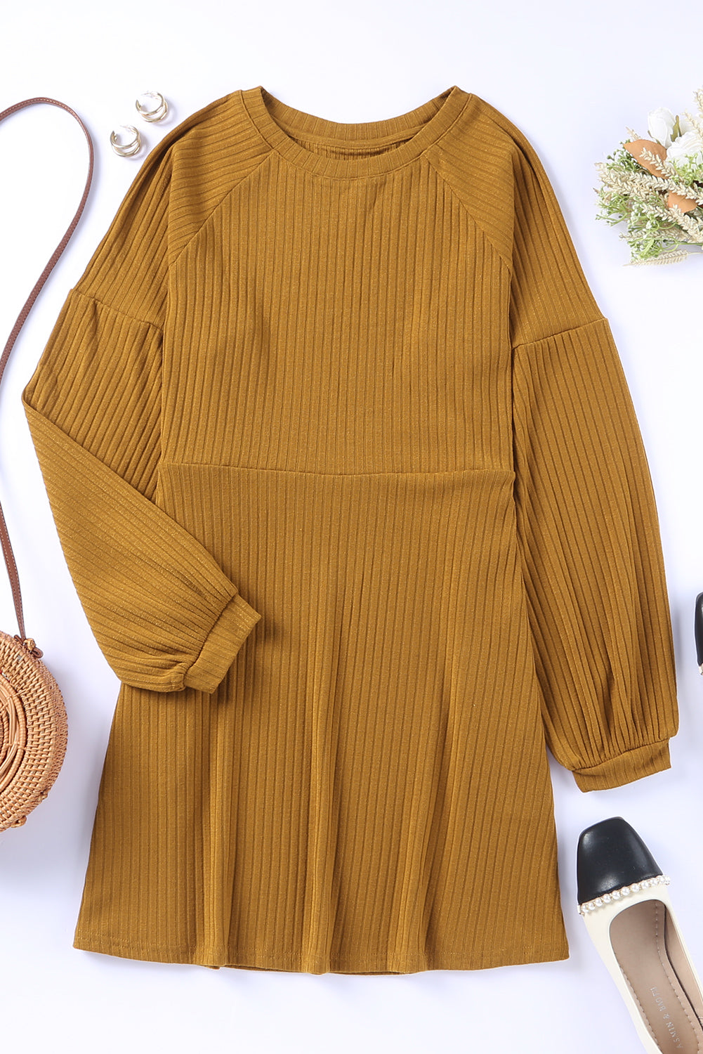 Black Round Neck Empire Waist Ribbed Short Knit Dress