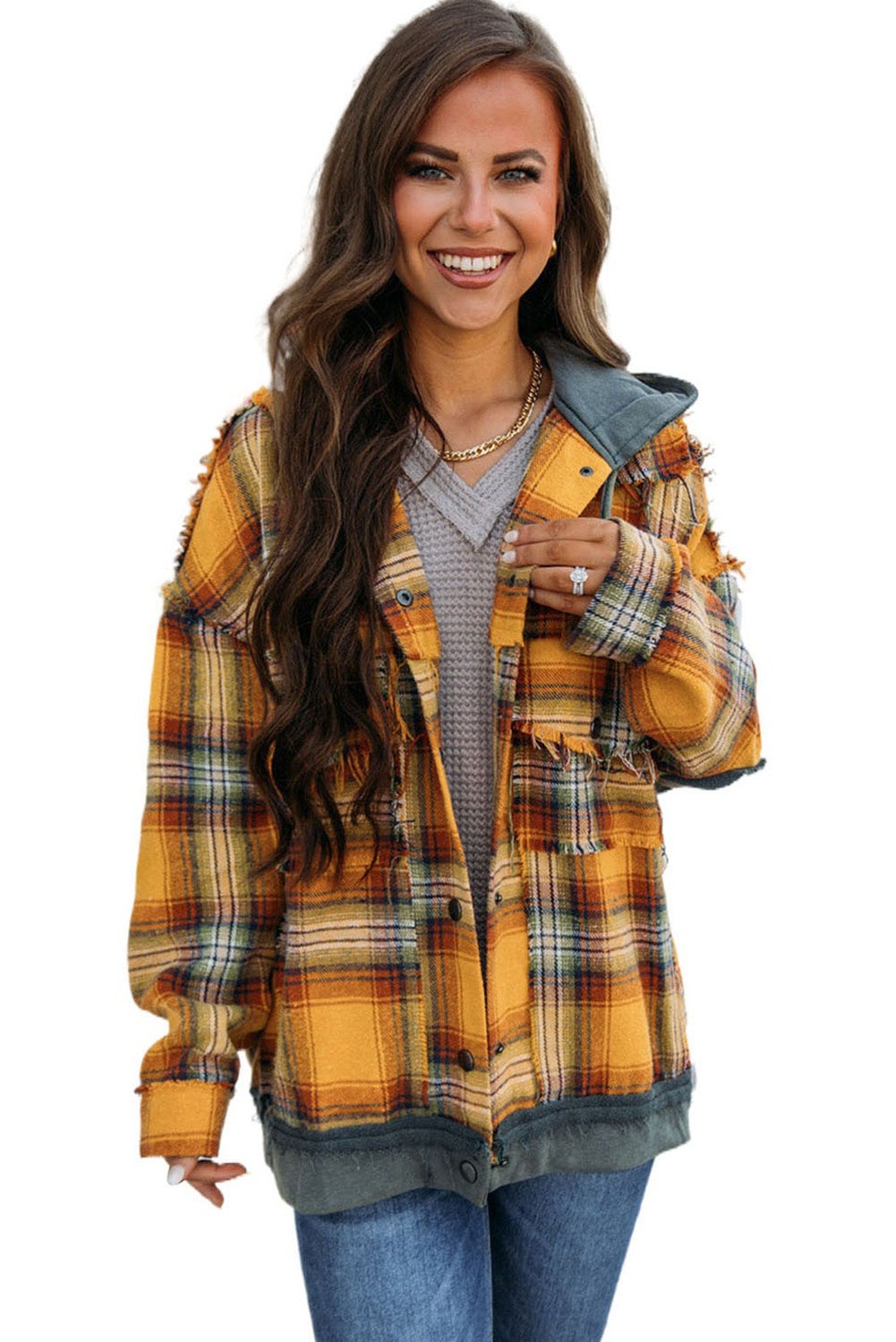 Orange Plaid Patchwork Frayed Trim Snap Button Hooded Jacket