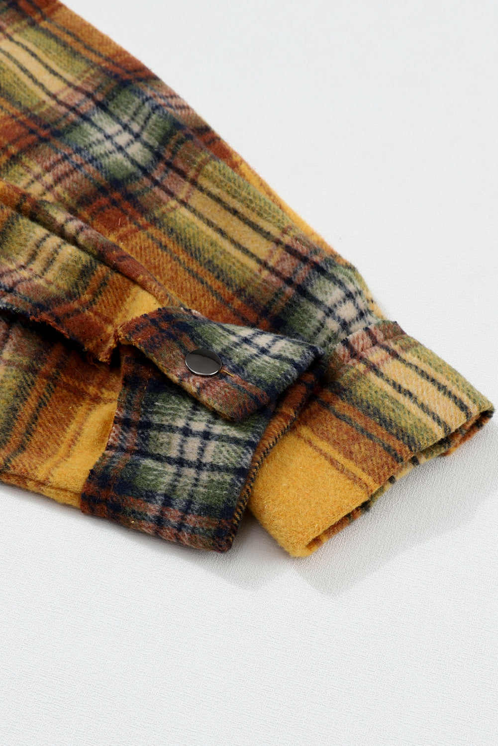 Orange Plaid Patchwork Frayed Trim Snap Button Hooded Jacket