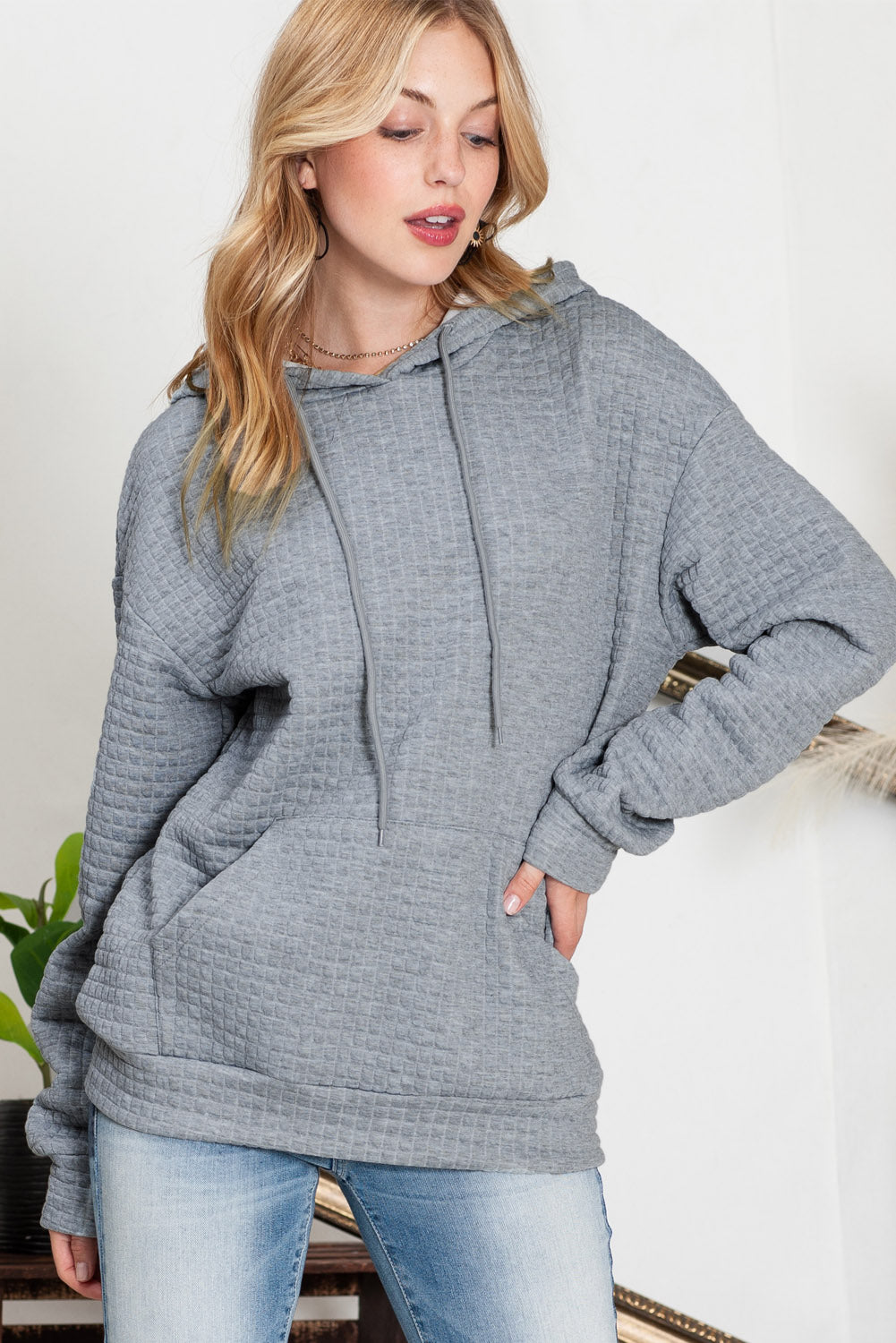 Khaki Lattice Textured Kangaroo Pocket Drawstring Hoodie