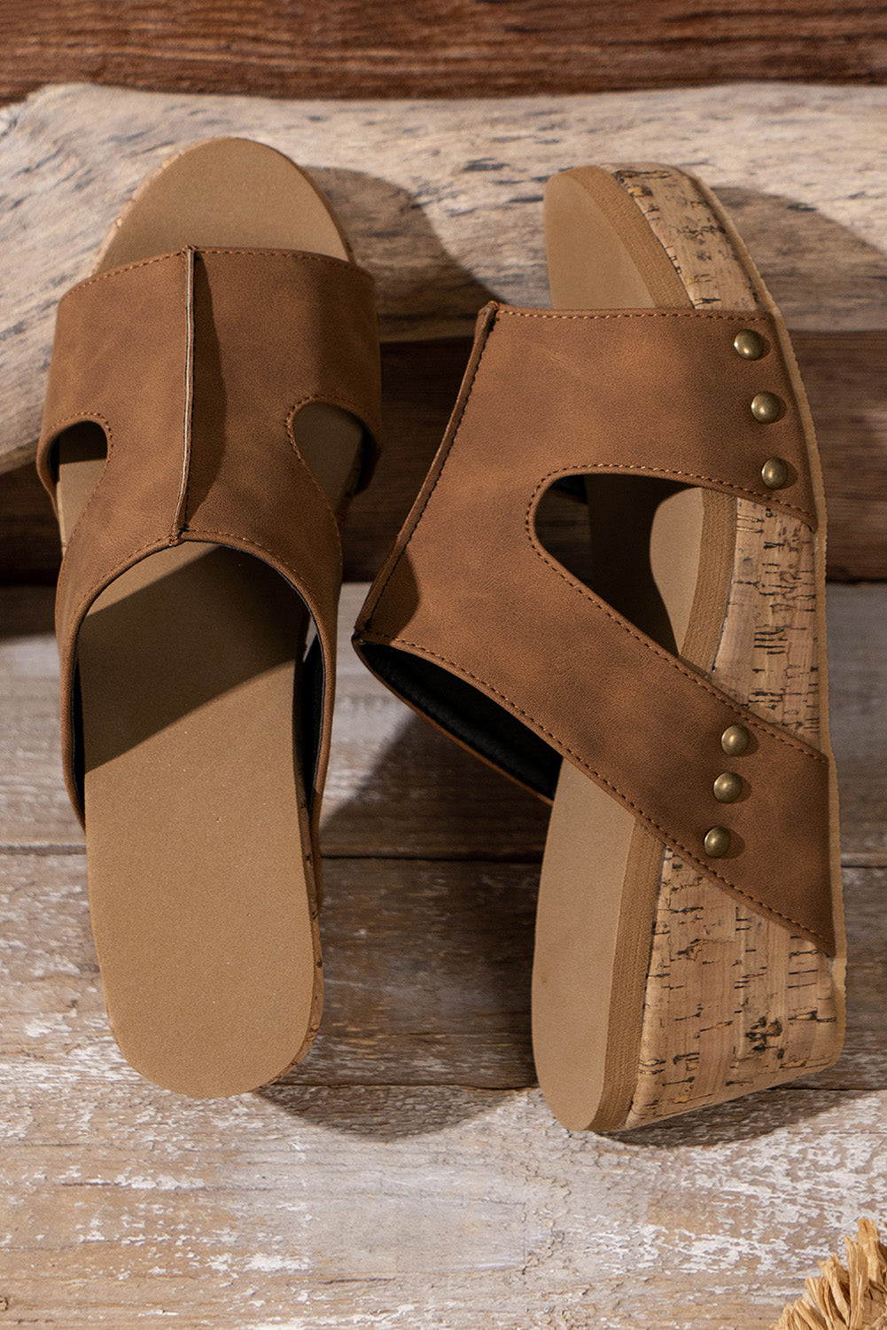 Brown Cut Out Rivet Slip-on Wedge Slippers