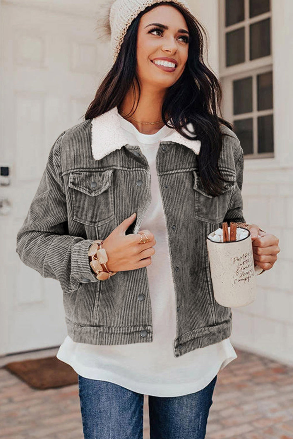 Gray Sherpa Snap Flap Pocket Cropped Corduroy Jacket