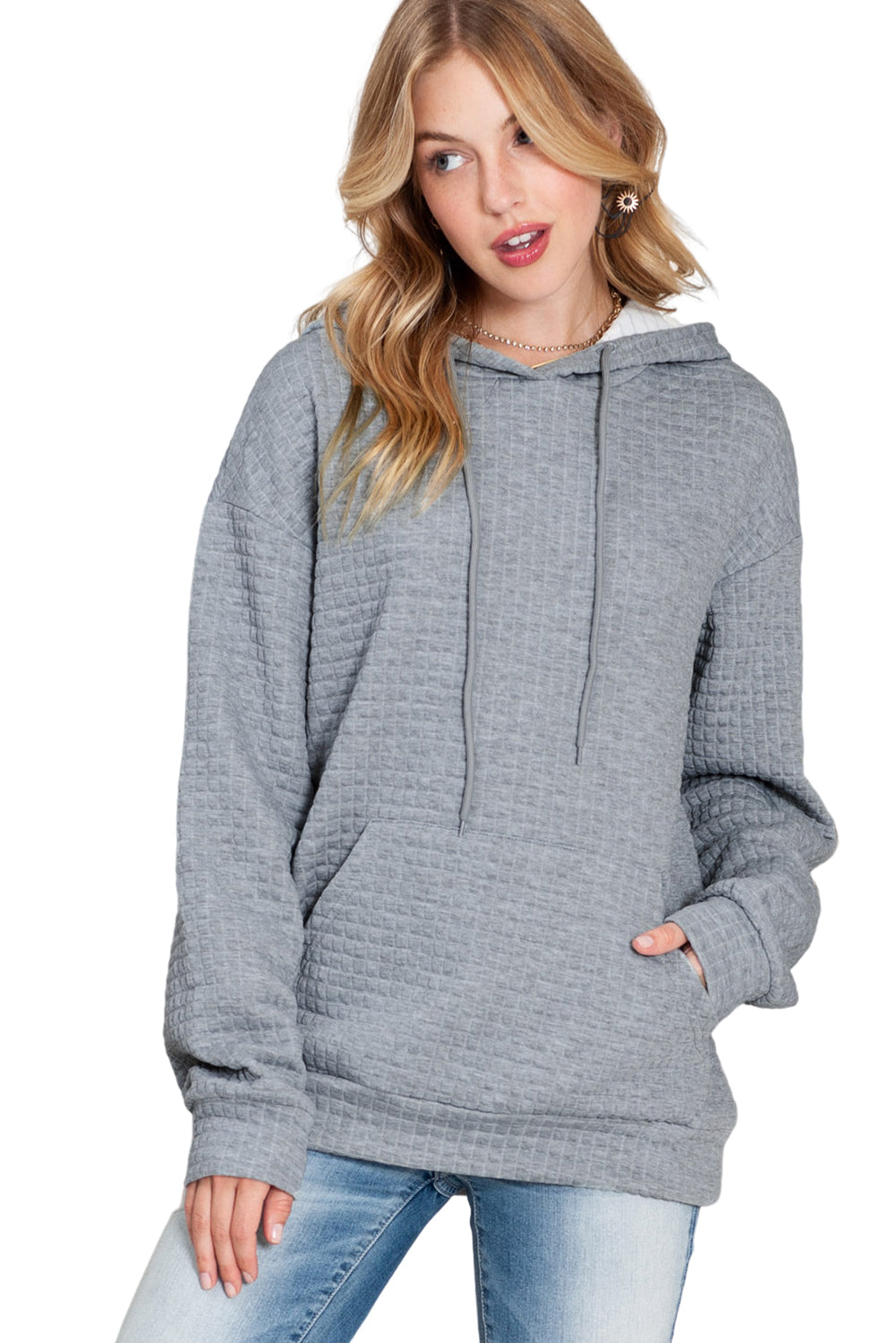 Khaki Lattice Textured Kangaroo Pocket Drawstring Hoodie
