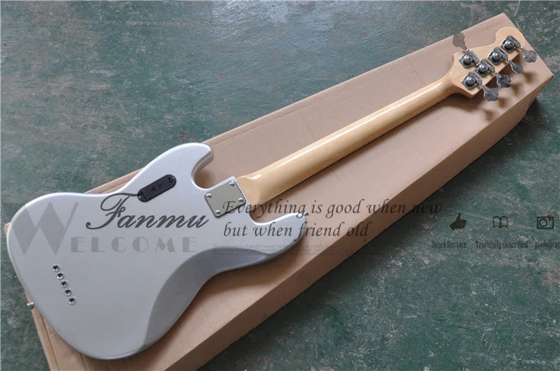 JB 5 String Electric Bass, Silver Body with Black Maple Headstock