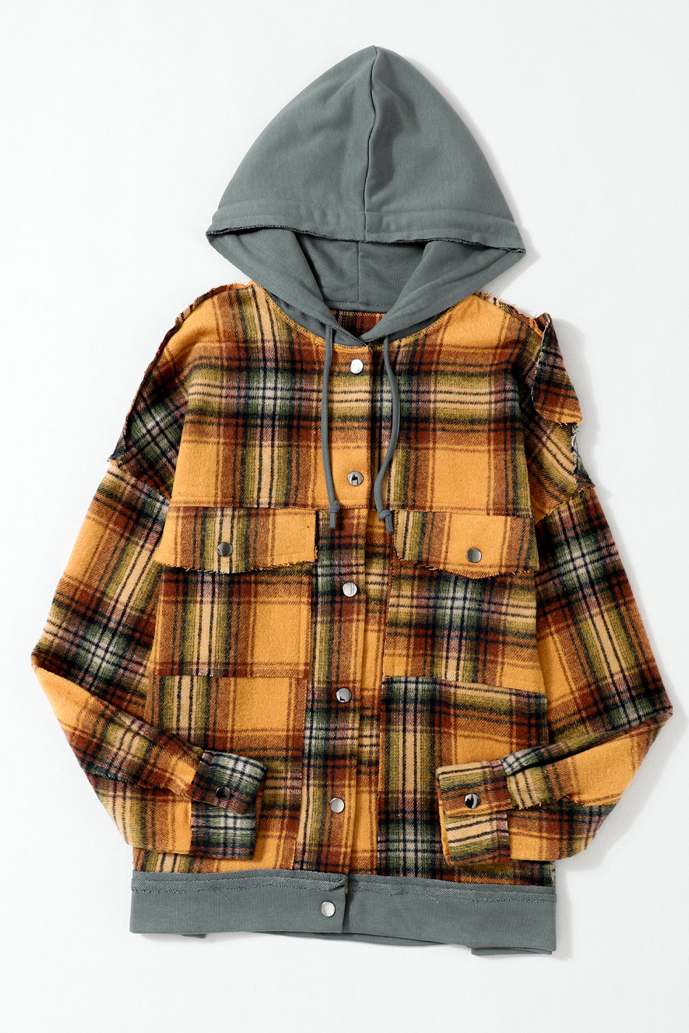 Orange Plaid Patchwork Frayed Trim Snap Button Hooded Jacket