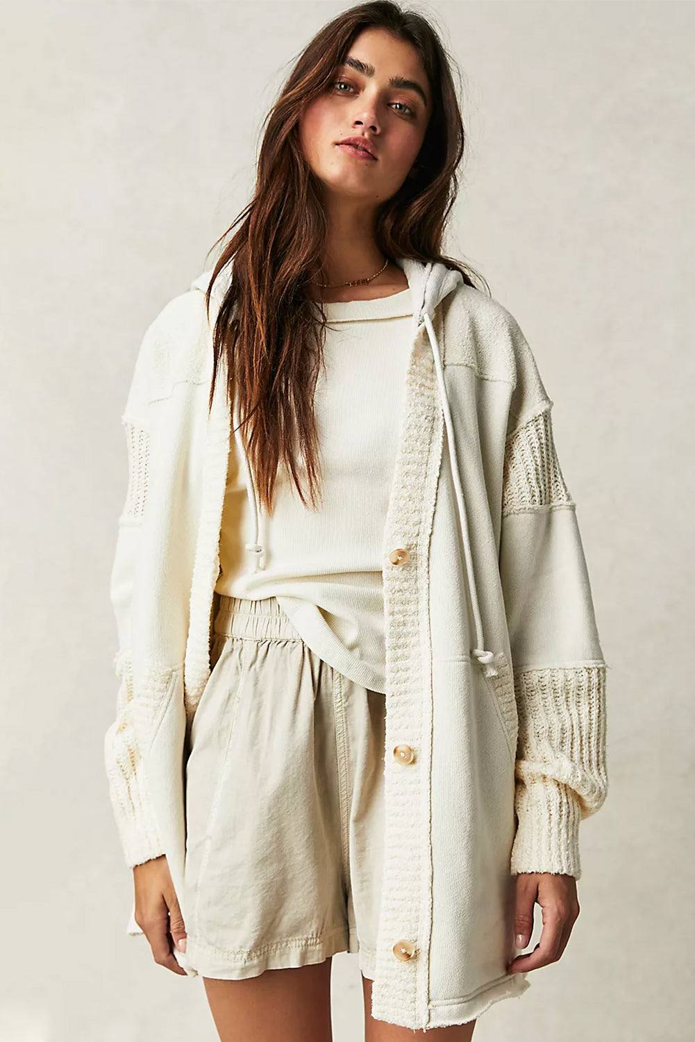 Beige Solid Color Button Down Long Hooded Cardigan