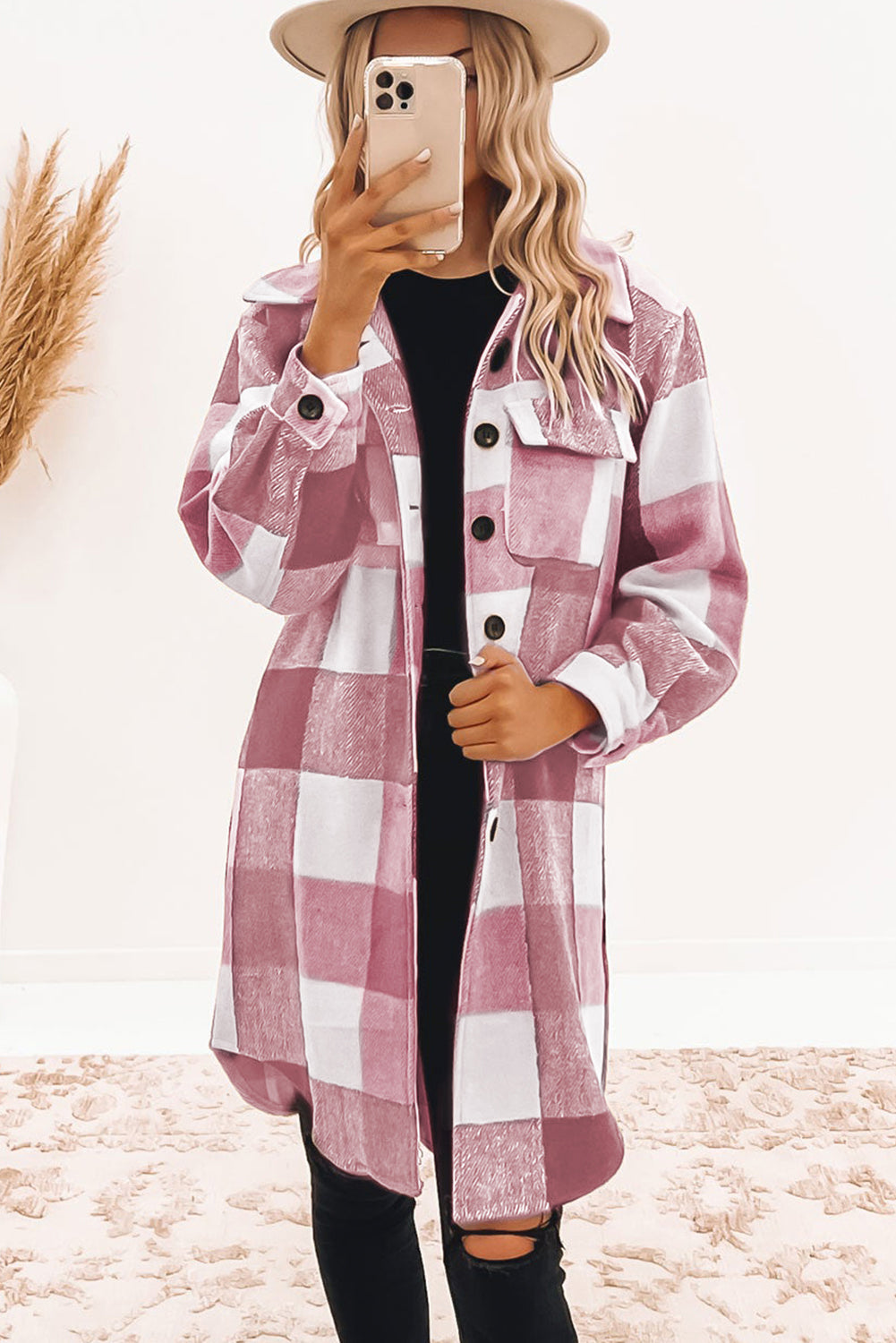 Khaki Plaid Colorblock Button Down Flap Pocket Long Shacket