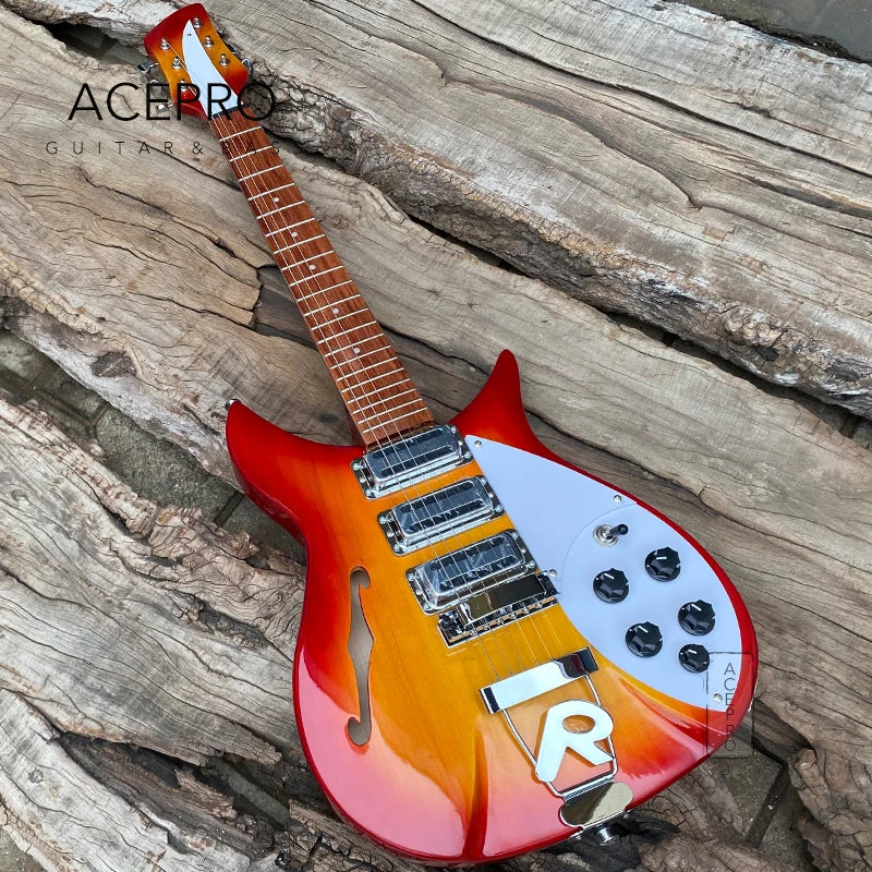 325 F hole Semi Hollow Body Electric Guitar Cherry Burst Three Mini Humbuckers, 20.75" Scale Length, Tailpiece Bridge