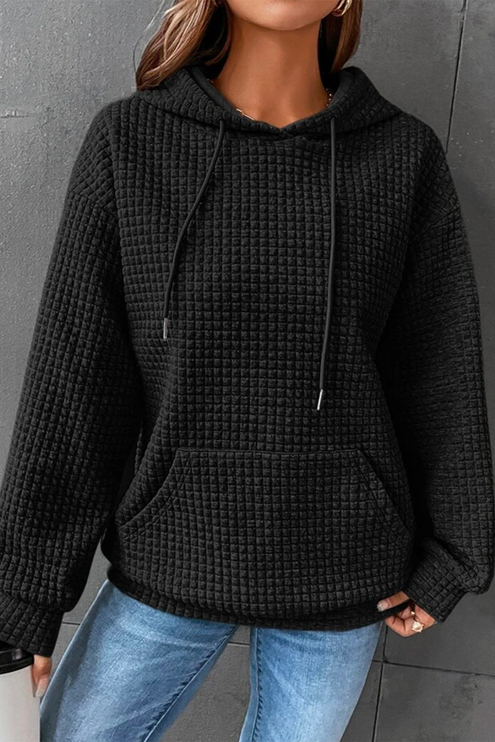 Khaki Lattice Textured Kangaroo Pocket Drawstring Hoodie