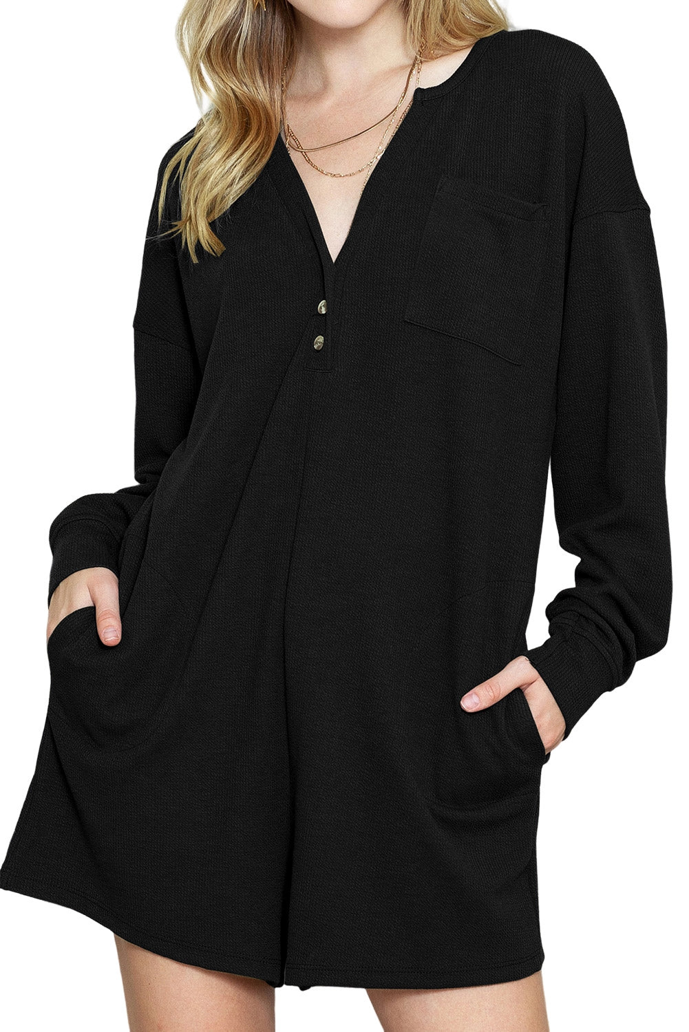 Green Henley V Neck Pocketed Ribbed Romper