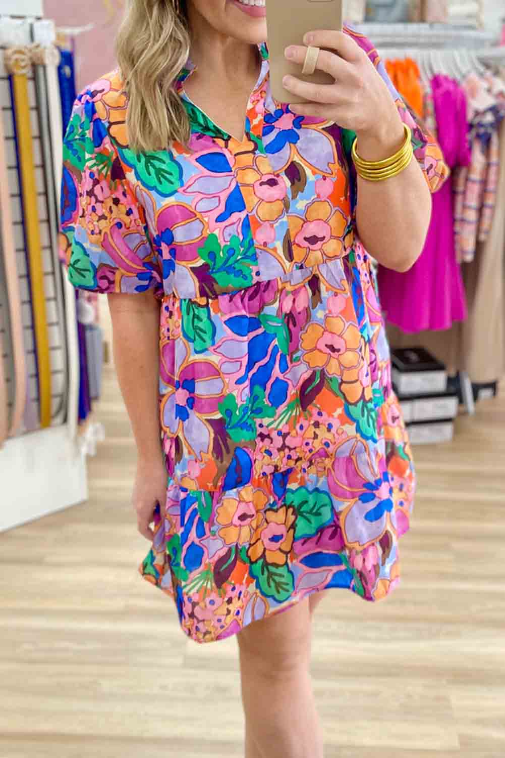 Multicolor Floral Puff Sleeve Notch V-Neck Ruffled Short Dress