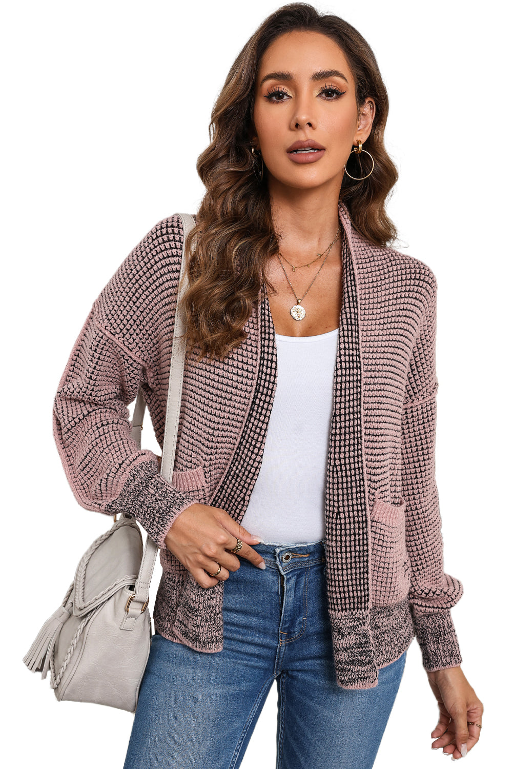 Black Chunky Knit Pockets Drop Sleeve Cardigan