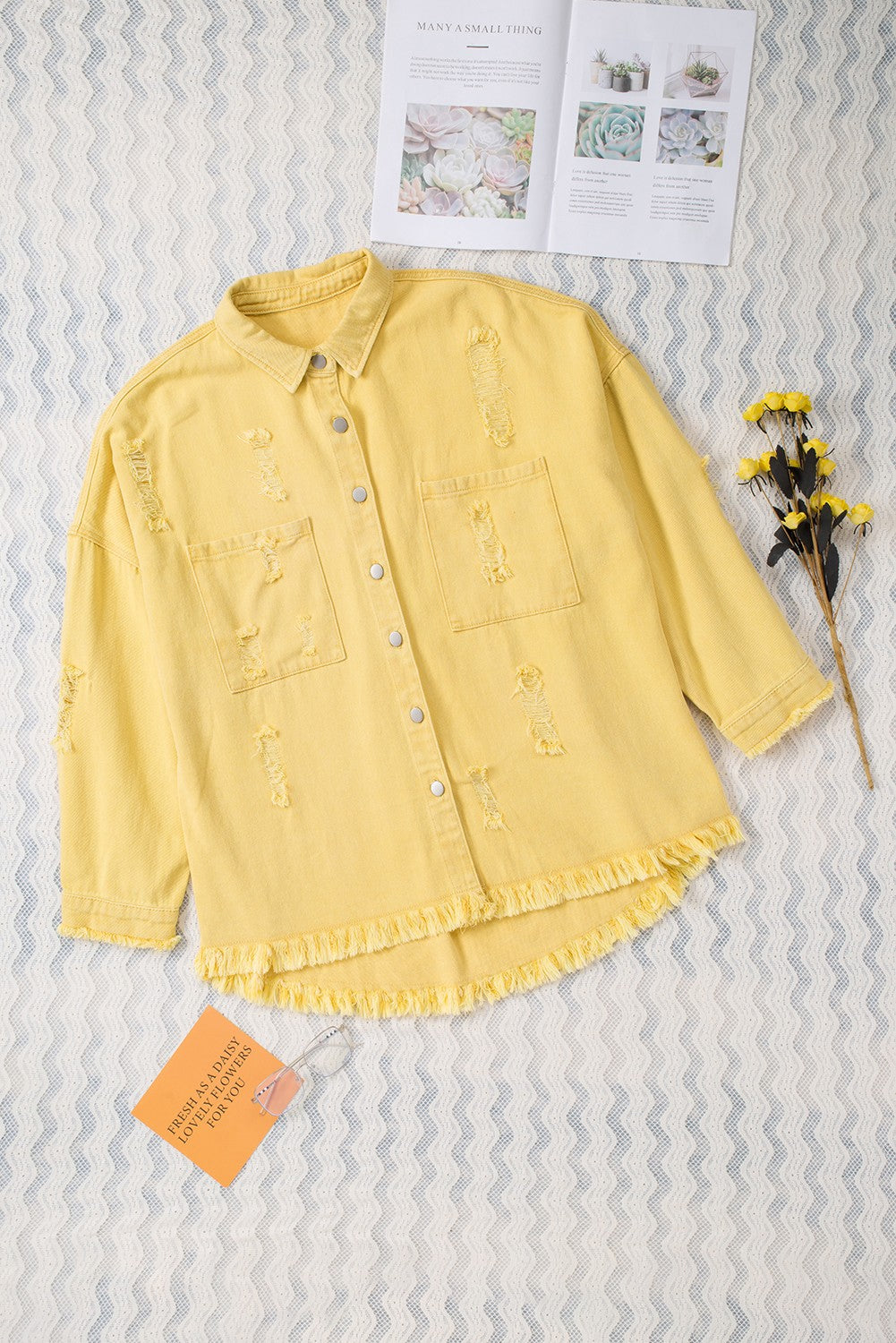 Yellow Distressed Raw Hem Denim Jacket with Chest Pockets