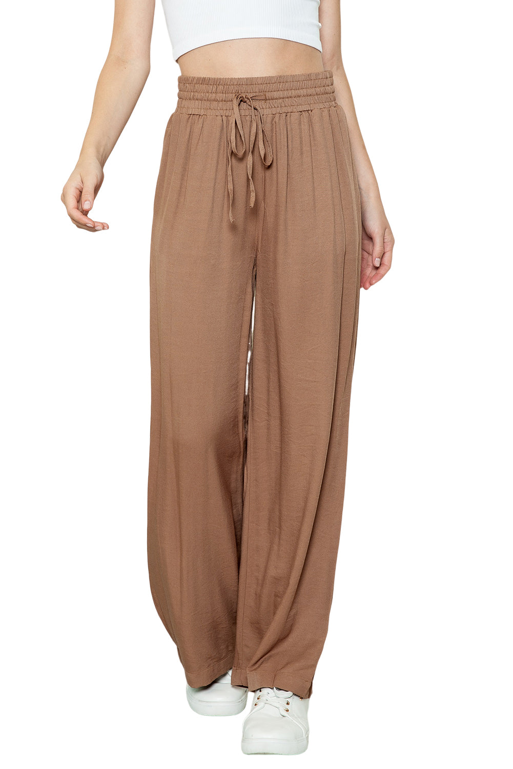 Black Casual Drawstring Shirred Elastic Waist Wide Leg Pants