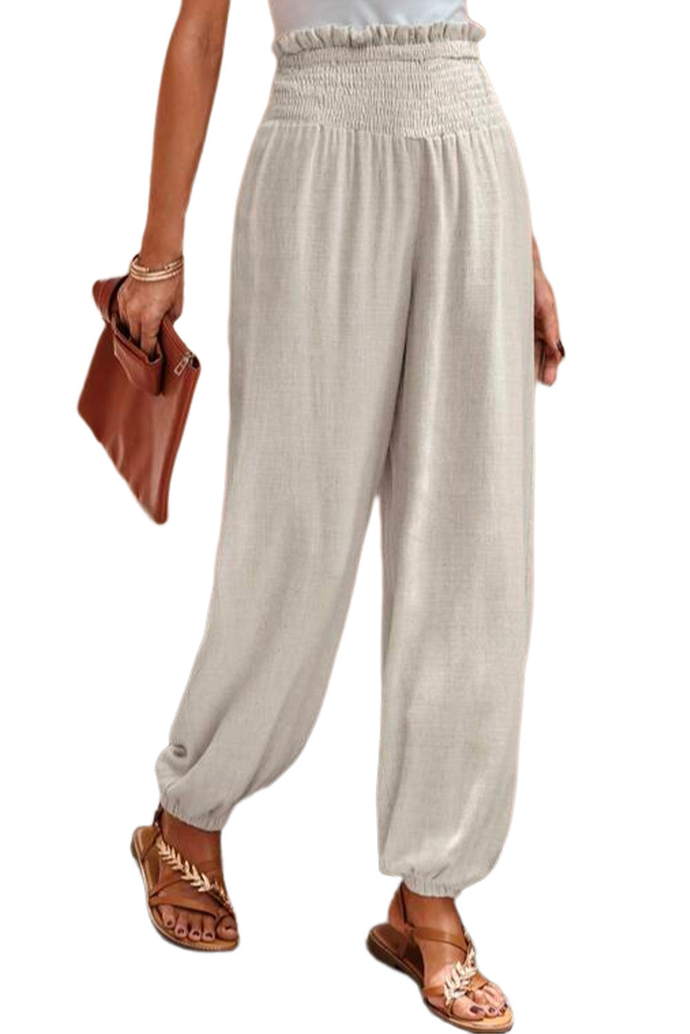 Apricot Smocked High Waist Loose Jogger Pants