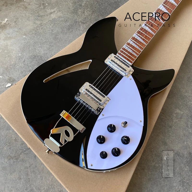 6 String Semi Hollow Body, R Shaped Tailpiece Electric Guitar - Black