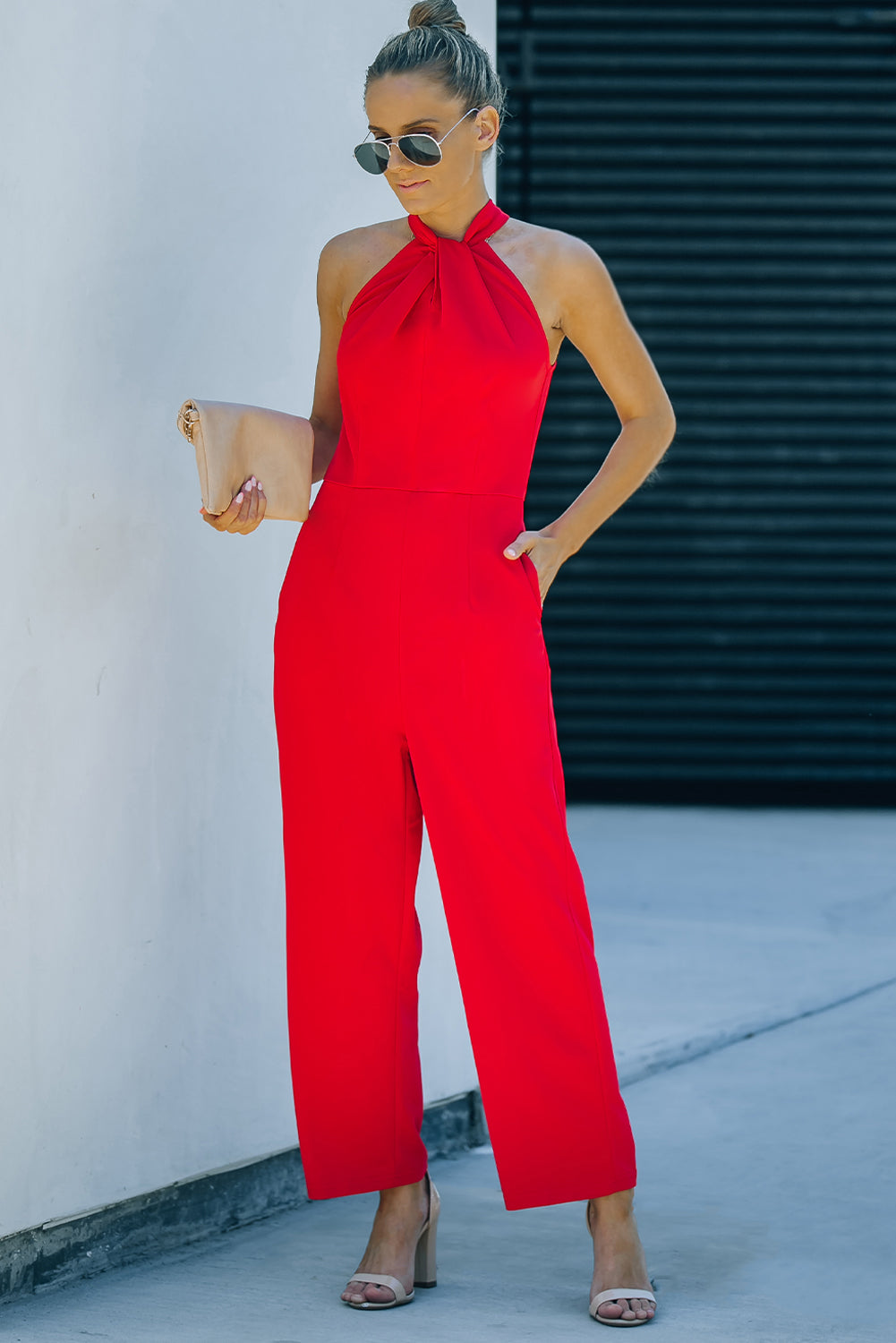 Casual Twist Neck Back Cut Out Sleeveless Red Jumpsuit