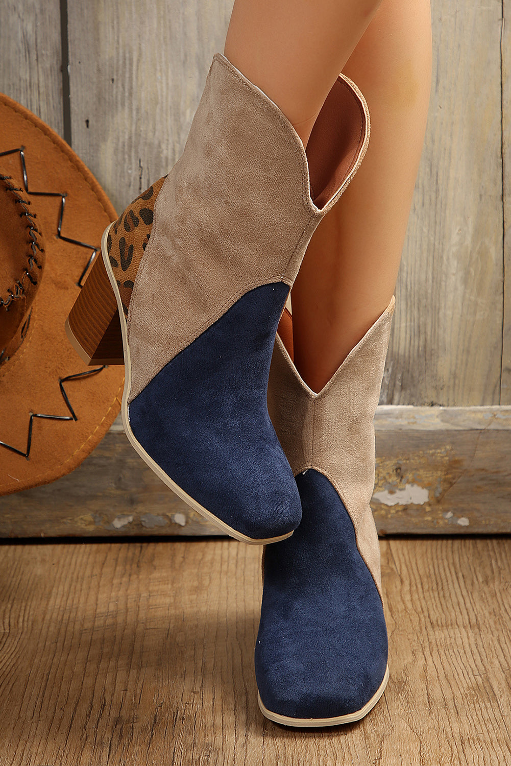 Leopard Print Patchwork Chunky Block Heel Boots