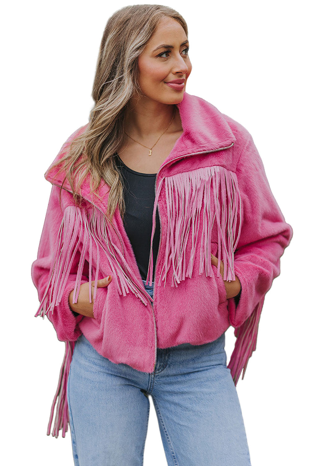 Pink Fringed Full Zipper Fleece Jacket