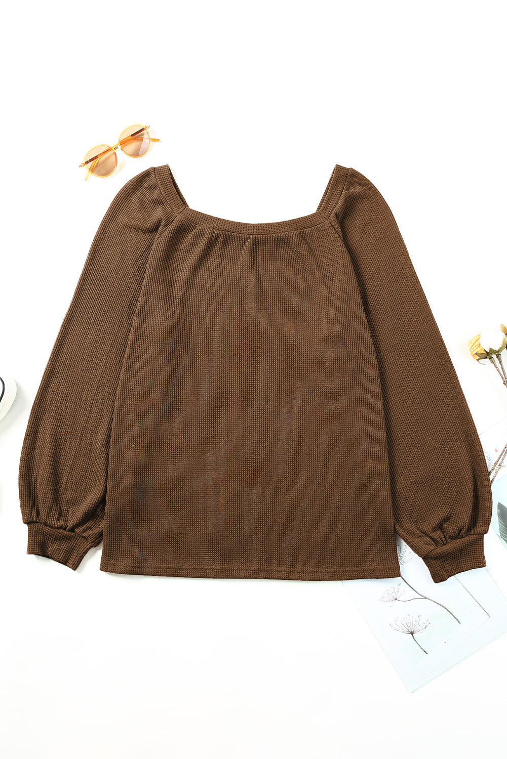 Pink Waffle Texture Casual Square Neck Pullover Top
