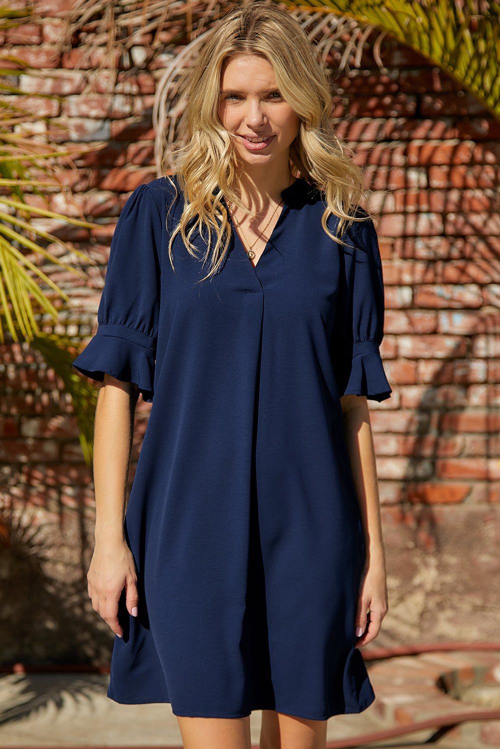 Navy Blue Split V Neck Short Sleeve Tunic Dress