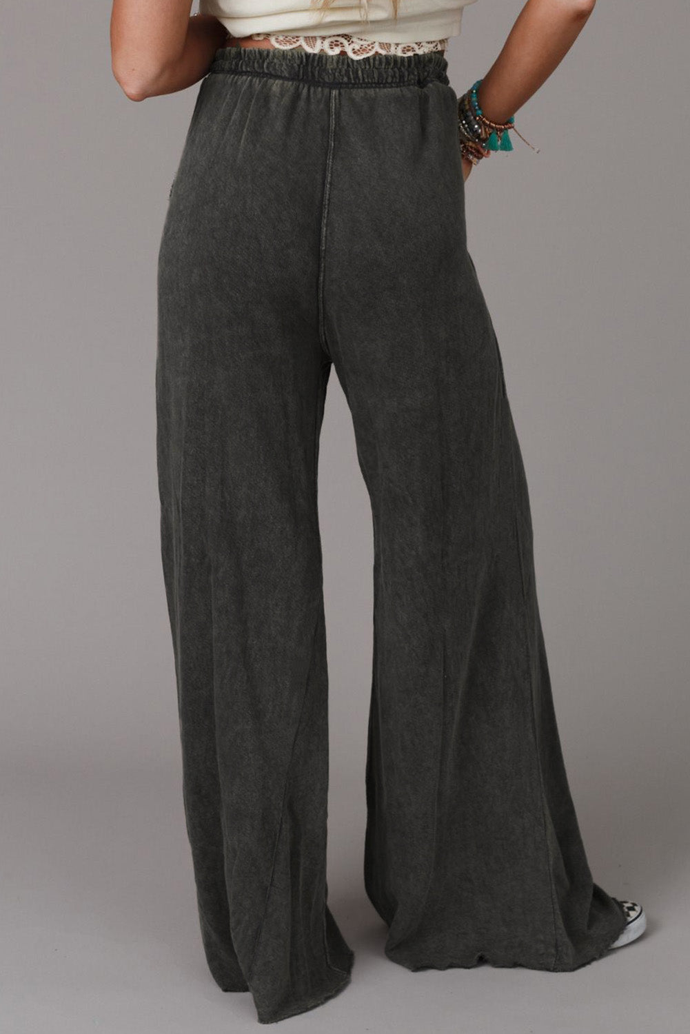 Apricot Mineral Washed Drawstring High Waisted Wide Leg Pants