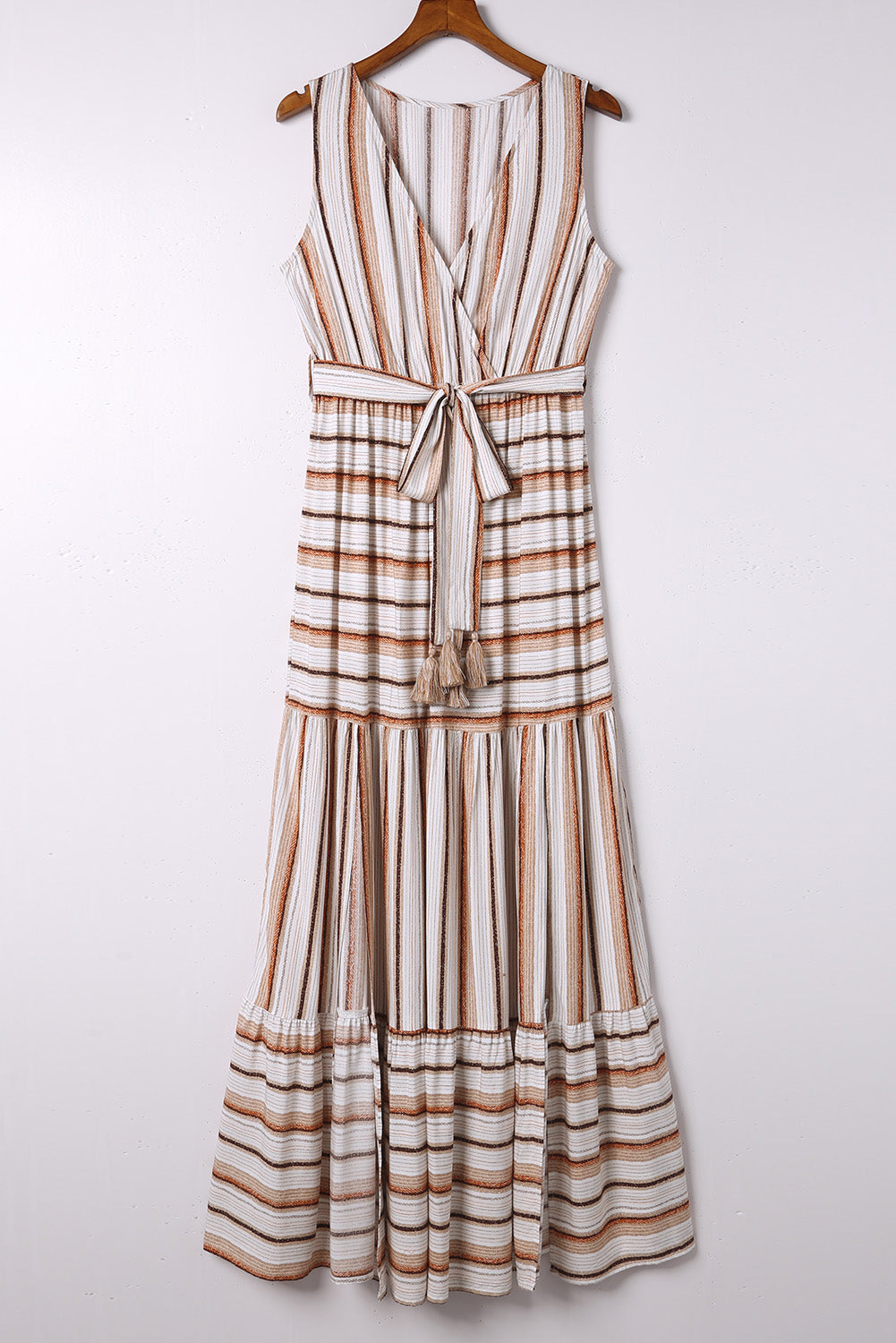 Khaki Casual Striped Split Sleeveless Maxi Dress
