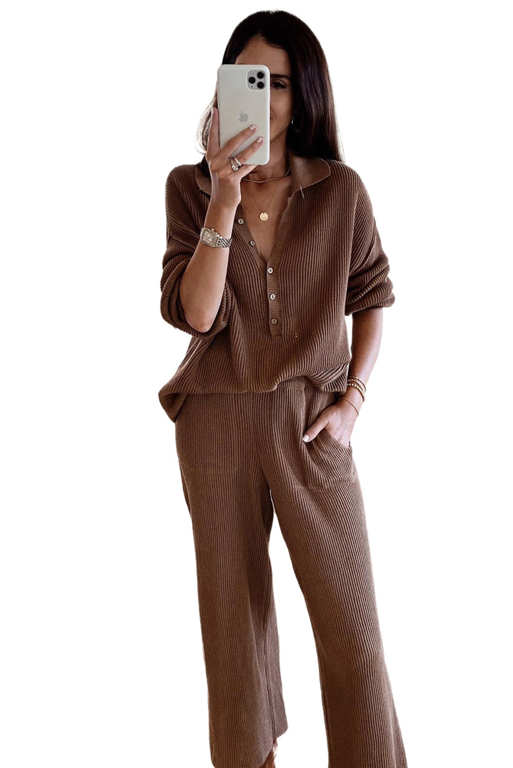 Black Ribbed Henley Shirt and Wide Leg Pants Loungewear Set
