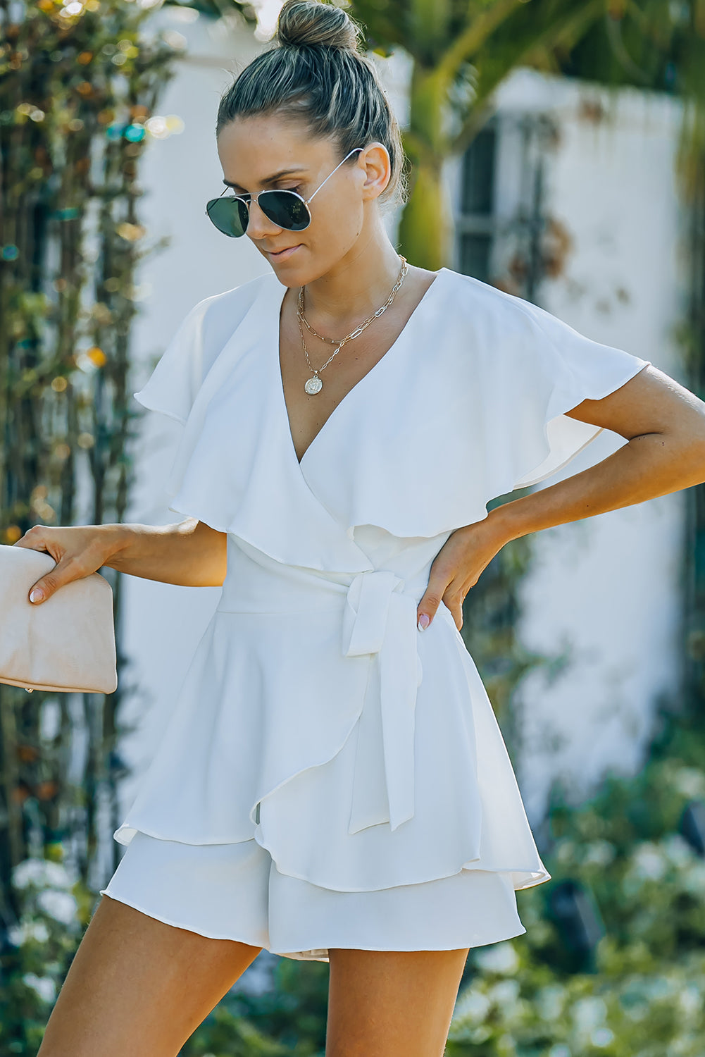 White Elegant Flounce Open Back Lace Up Wrap V Neck Romper