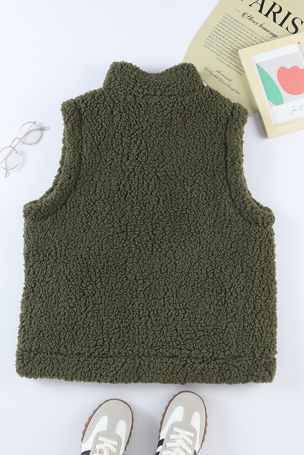 Green Snap Button Collared Stand Neck Sherpa Vest
