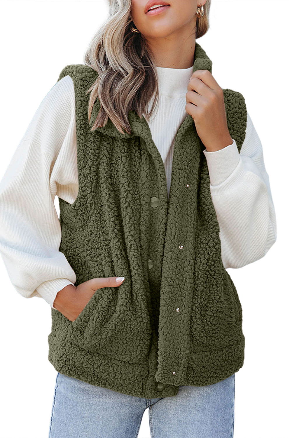 Green Snap Button Collared Stand Neck Sherpa Vest