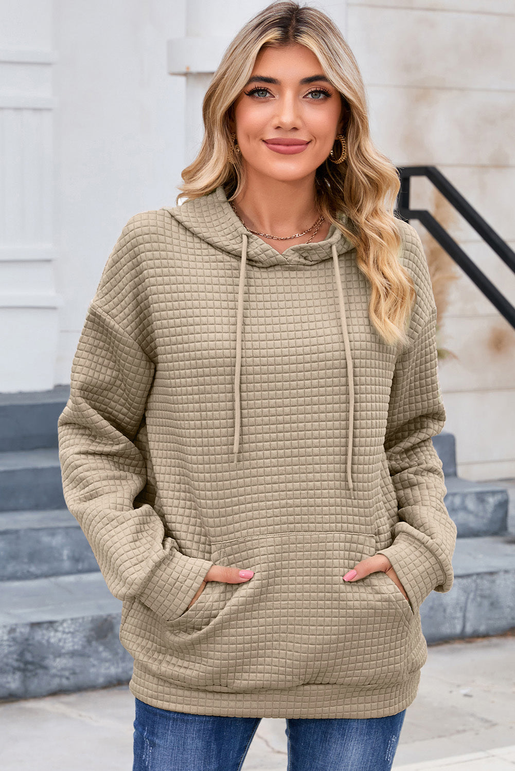 Khaki Lattice Textured Kangaroo Pocket Drawstring Hoodie