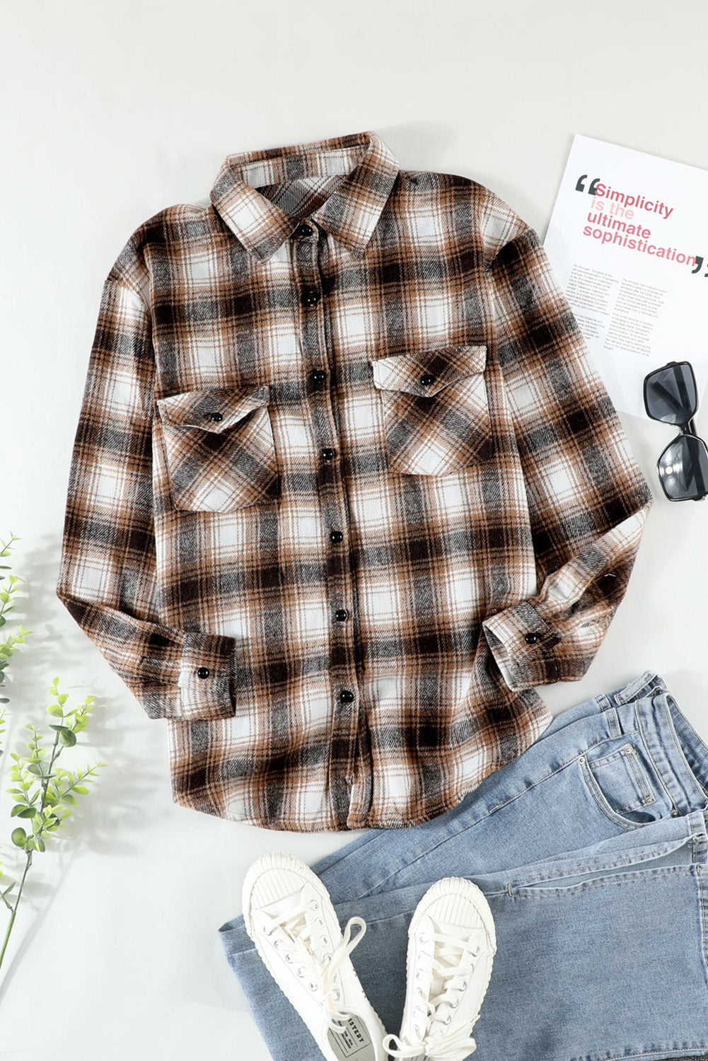 Black Button Up Collared Plaid Shacket