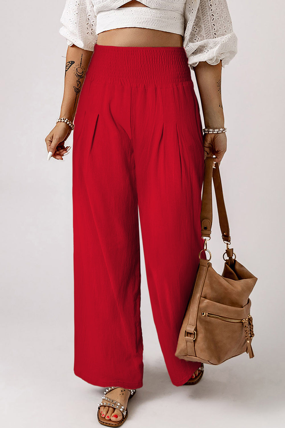 Brown Smocked Wide Waistband High Waist Wide Leg Pants
